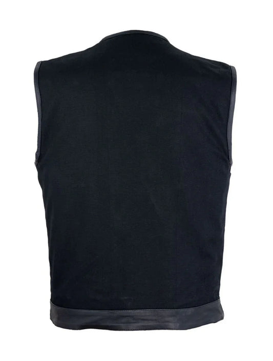 Mens Black Denim Biker Vest With Leather Trims & Front Zipper