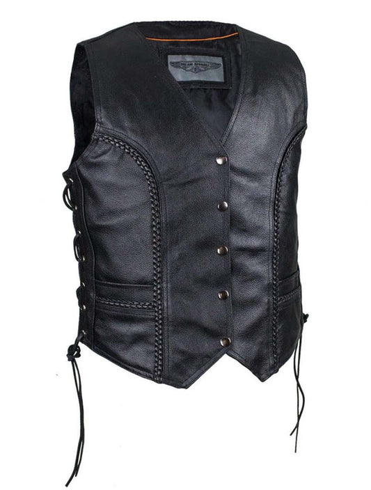 Women’s Classic Black Leather Braided Vest with Side Laces – Cowhide, Concealed Pockets & Snap Front