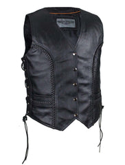Women’s Classic Black Leather Braided Vest with Side Laces – Cowhide, Concealed Pockets & Snap Front