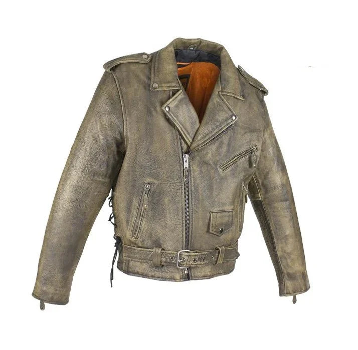 Men's Brown Leather Biker Jacket with Secure Gun Pockets