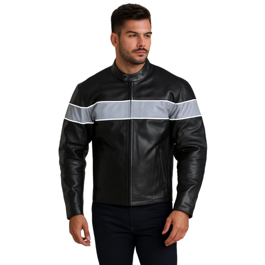Men's Motorcycle Jacket With Silver Racing Stripe – Premium Leather with Reflective Trim