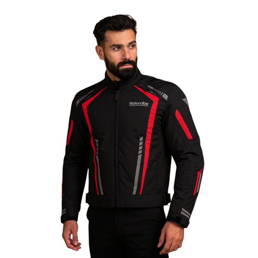 Men’s Nylon & Mesh Waterproof Red Motorcycle Jacket with CE Armor