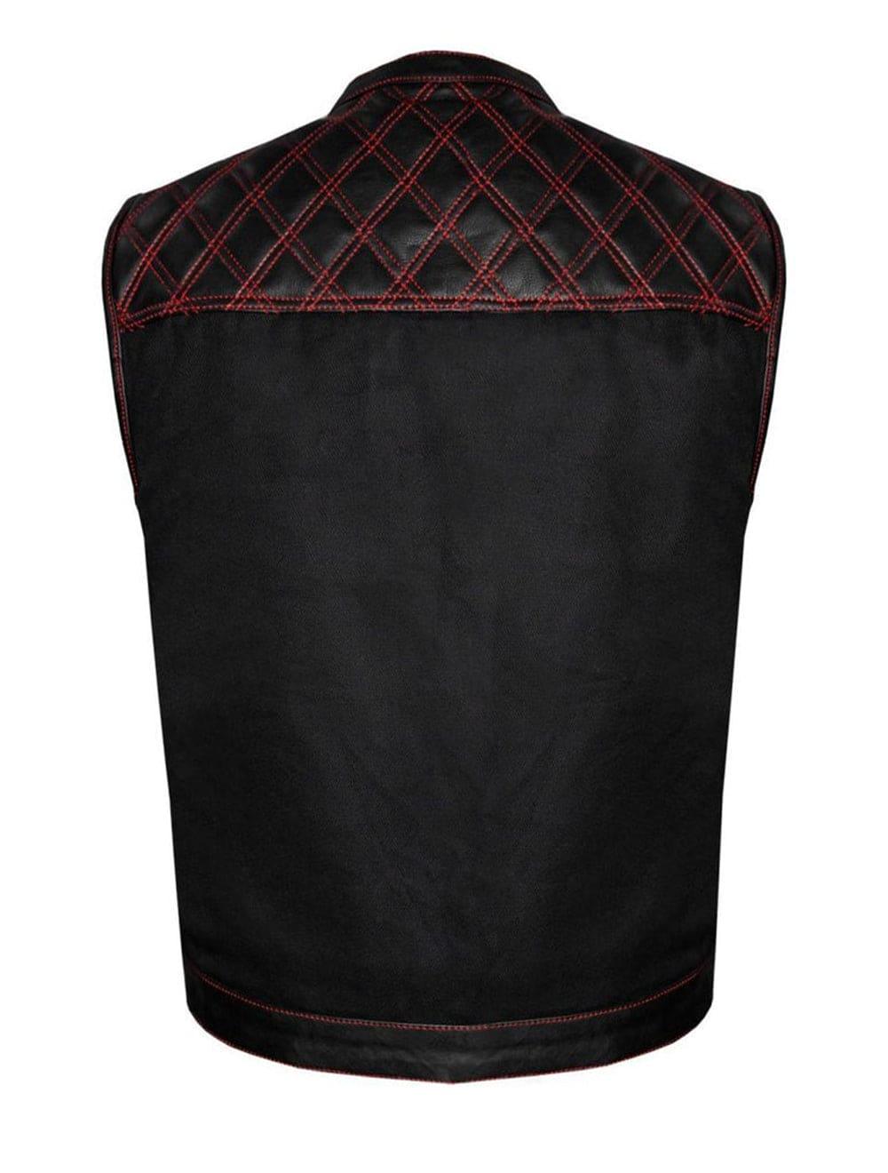 Full Back View of Men’s Quilted Biker Vest with Red Stitching
