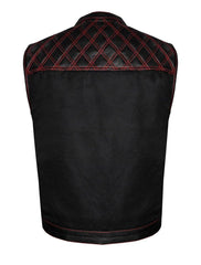 Full Back View of Men’s Quilted Biker Vest with Red Stitching