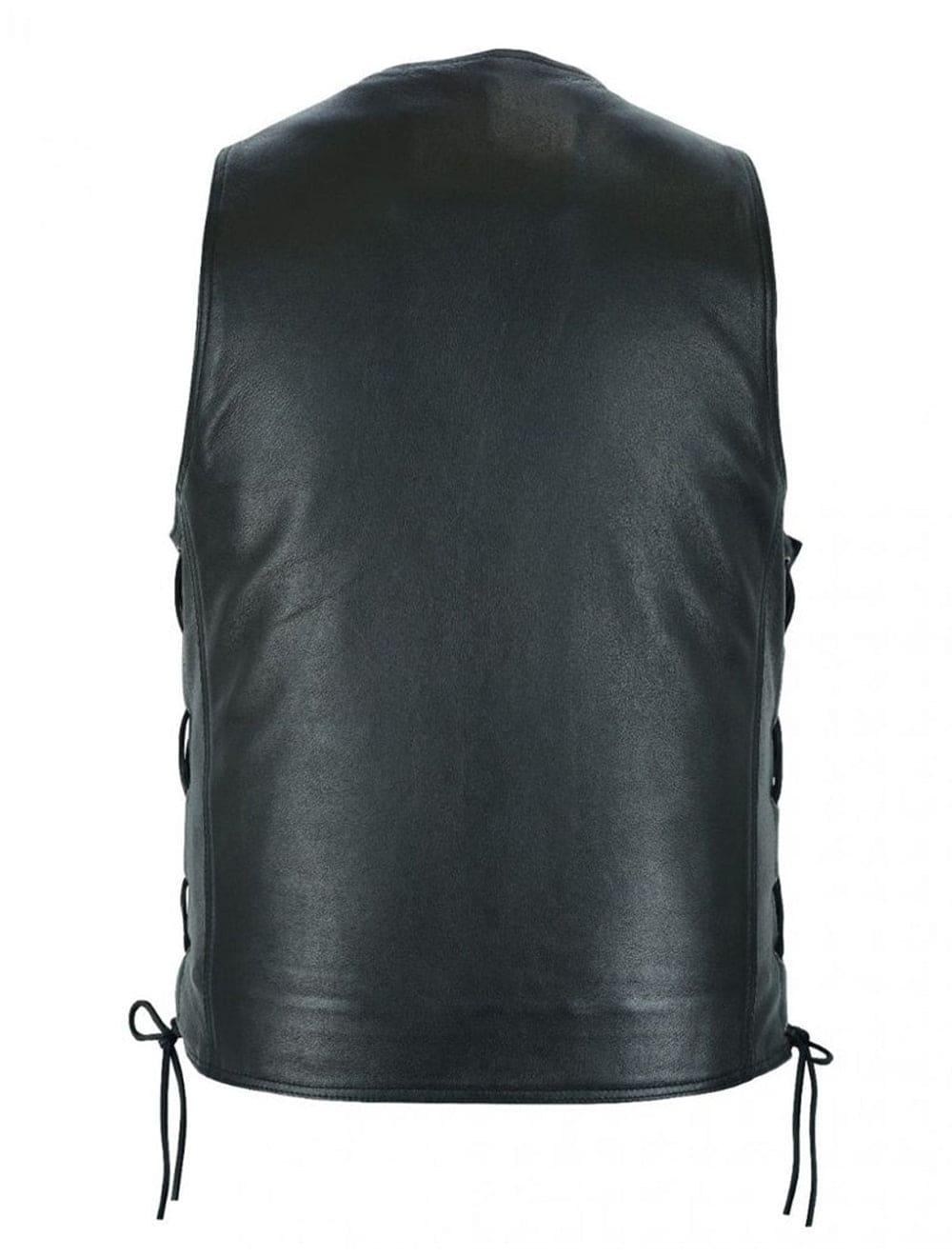 Rear view of black leather vest for patches with smooth full back panel