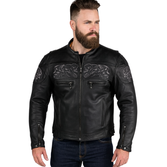 Men's Leather Jacket with Reflective Skulls & Concealed Carry