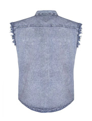 Back look of a Men's Denim Biker Cutoff sky blue Cotton Shirt.