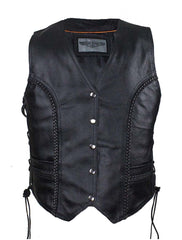 Ladies Black Leather Braided Motorcycle Vest Front View