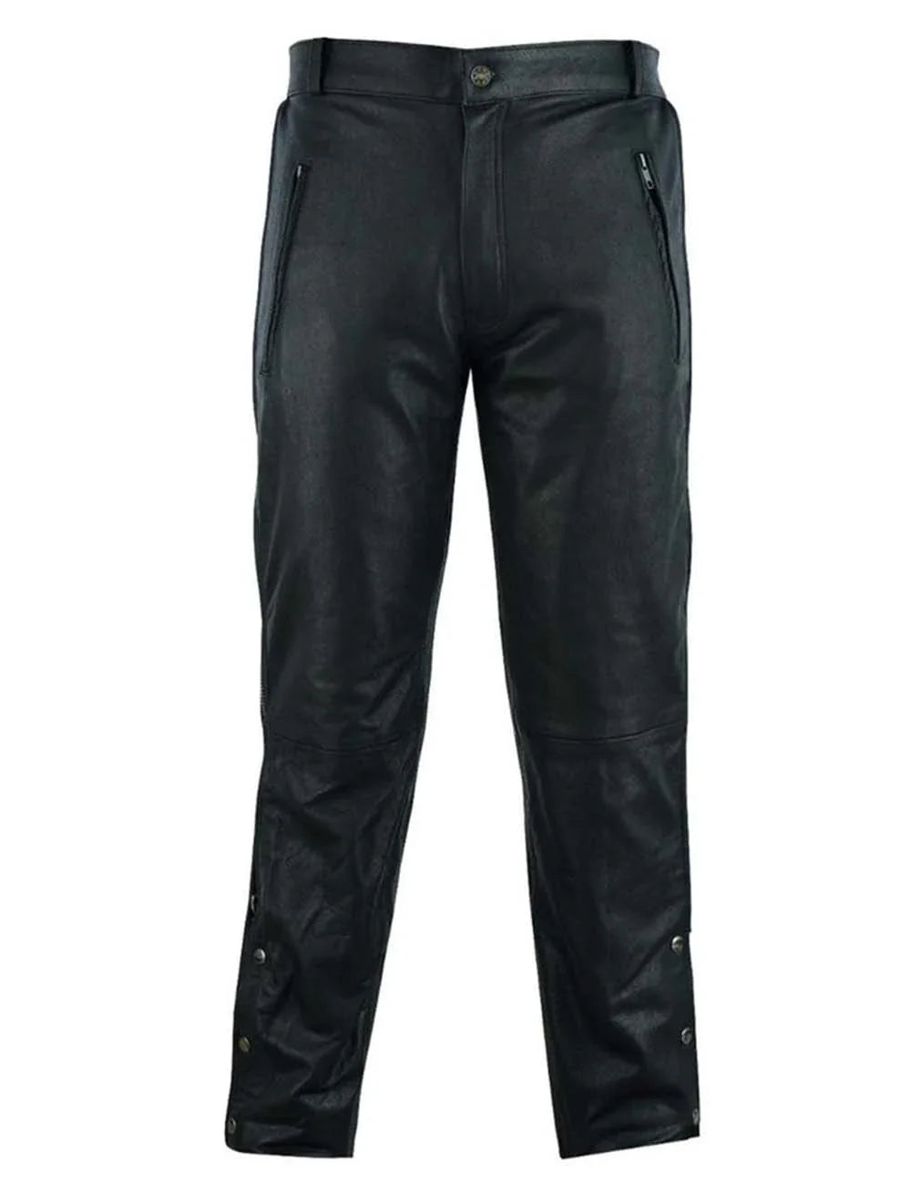 Front view of black leather motorcycle pants for men with zipper – Naked cowhide biker trousers