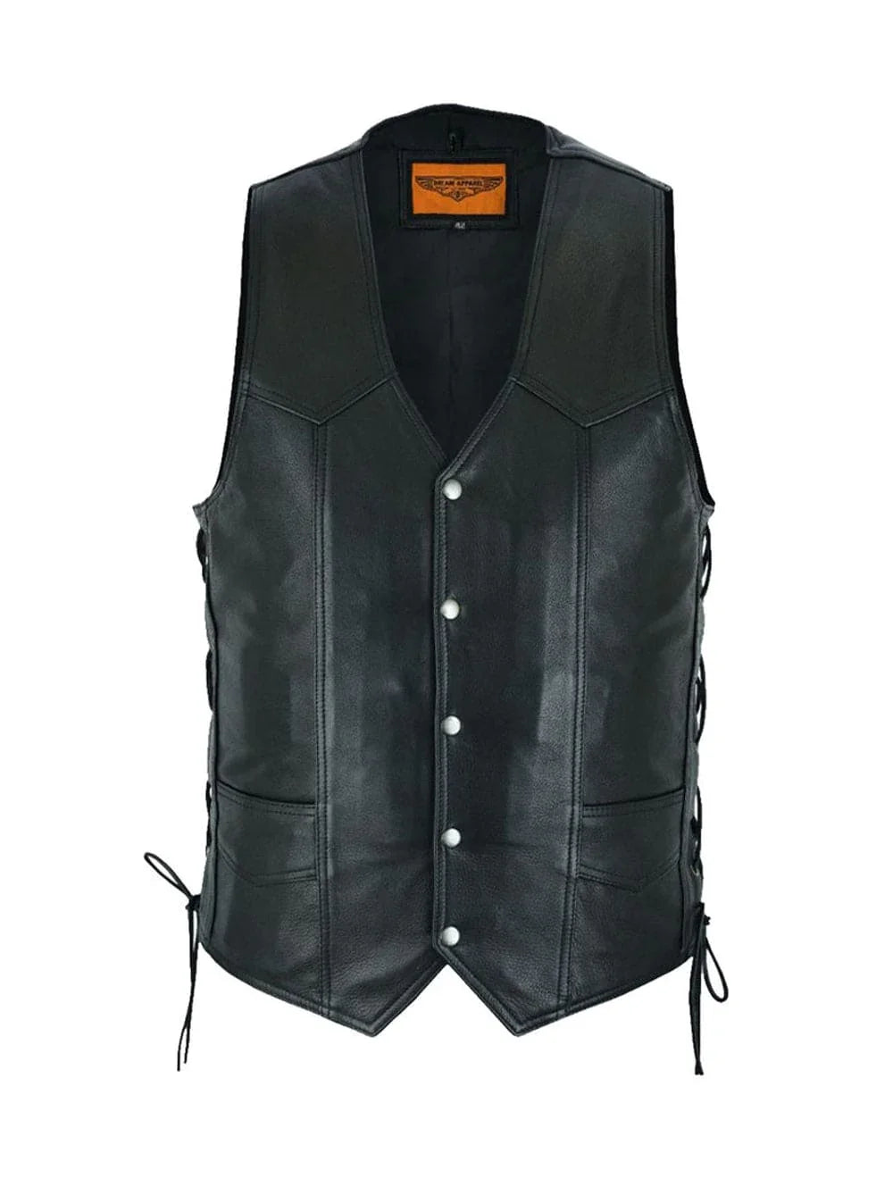 Black cowhide leather biker vest for men with button front and side laces