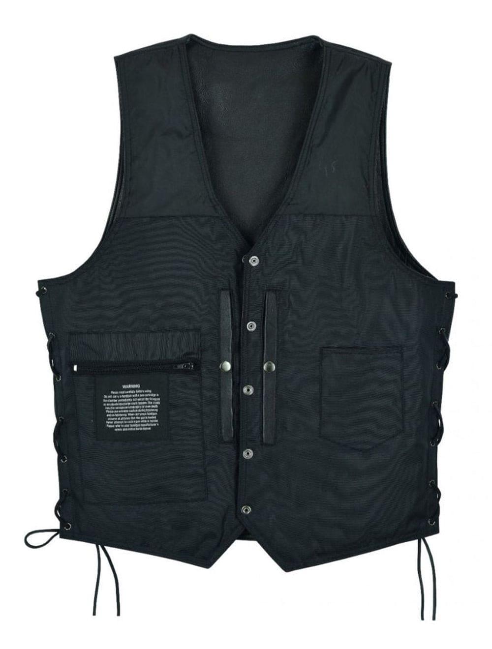 Inside view of leather vest with concealed gun pockets and snap closures