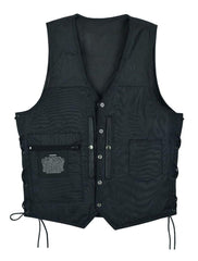 Inside view of leather vest with concealed gun pockets and snap closures
