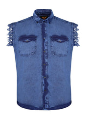 Men’s Biker Cutoff Cotton Denim Shirt Stonewash Chocolate Brown – Wide Wing Store