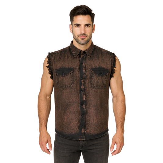 Men’s Biker Cutoff Cotton Denim Shirt Stonewash Chocolate Brown – Wide Wing Store