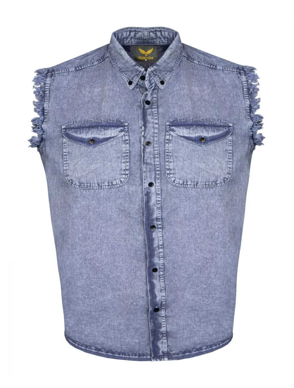 Close front look of Denim Biker Cutoff Cotton Shirt. A men's sky blue denim sleeveless cutoff shirt, acid-washed and stonewashed for a worn look, with frayed armholes.