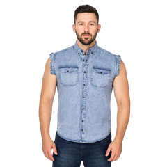Men's Denim Biker Cutoff Cotton Shirt - Stonewash Sky Blue Cotton Shirt