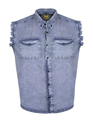 Close front look of Denim Biker Cutoff Cotton Shirt. A men's sky blue denim sleeveless cutoff shirt, acid-washed and stonewashed for a worn look, with frayed armholes.