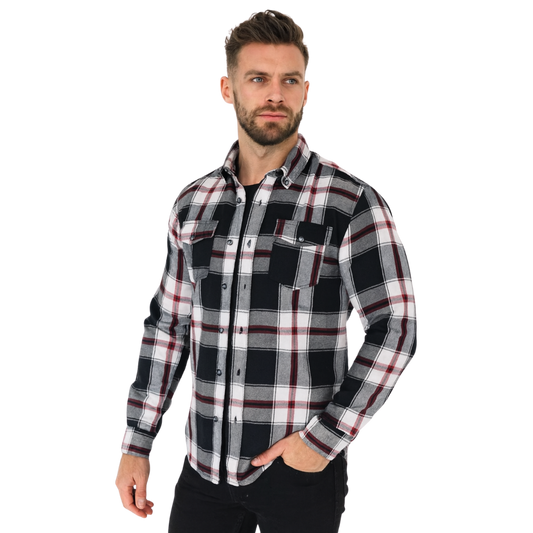 Men's Quilted Flannel Shirt Jacket - Black, White & Red Sleek Design Shirt