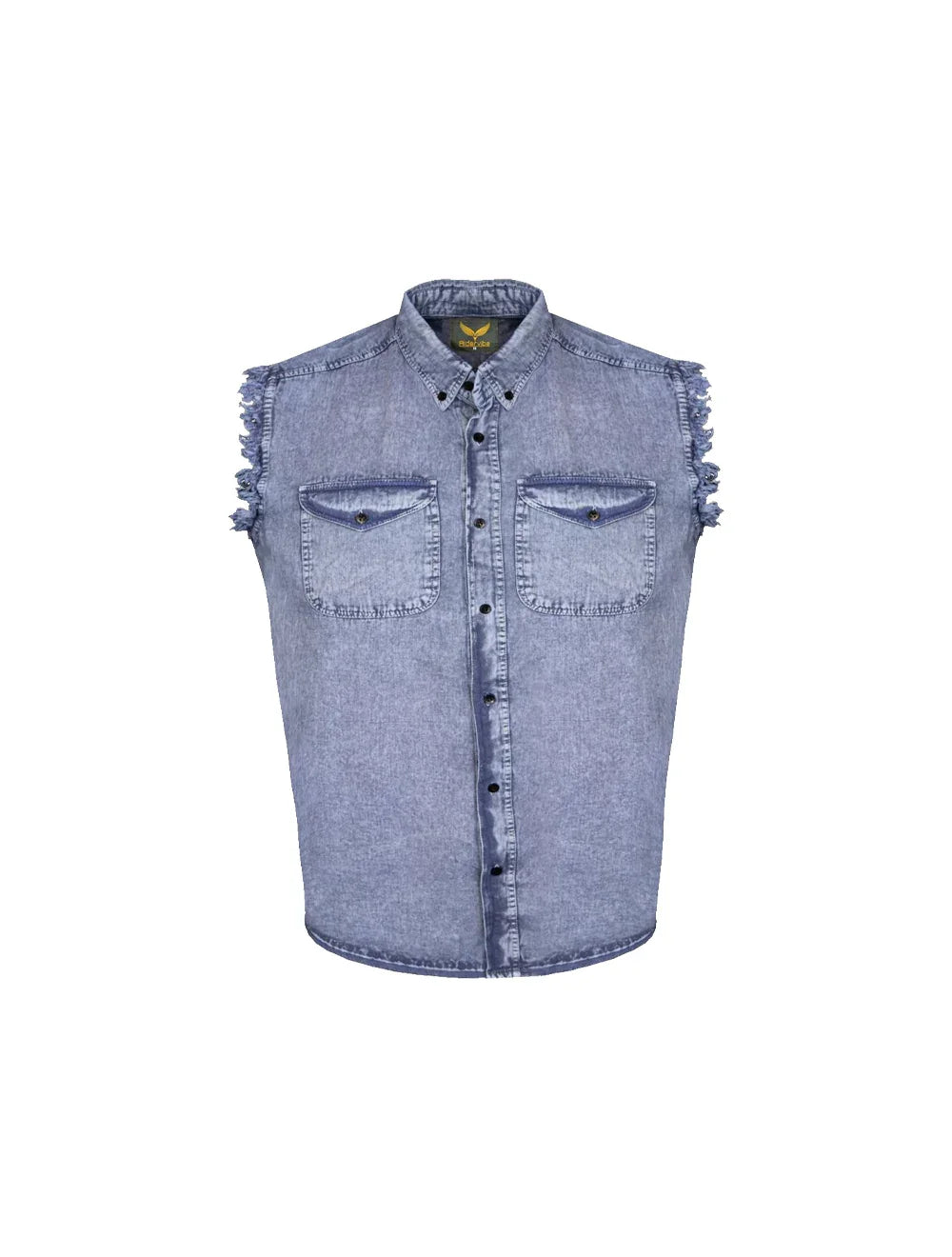 Men's Denim Biker Cutoff Cotton Shirt - Sky Blue Front Look made of 100% Cotton. A men's sky blue denim sleeveless cutoff shirt, acid-washed and stonewashed for a worn look, with frayed armholes, two chest pockets, and a button-down collar, displayed against a light background.