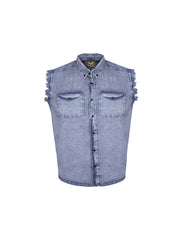 Men's Denim Biker Cutoff Cotton Shirt - Sky Blue Front Look made of 100% Cotton. A men's sky blue denim sleeveless cutoff shirt, acid-washed and stonewashed for a worn look, with frayed armholes, two chest pockets, and a button-down collar, displayed against a light background.
