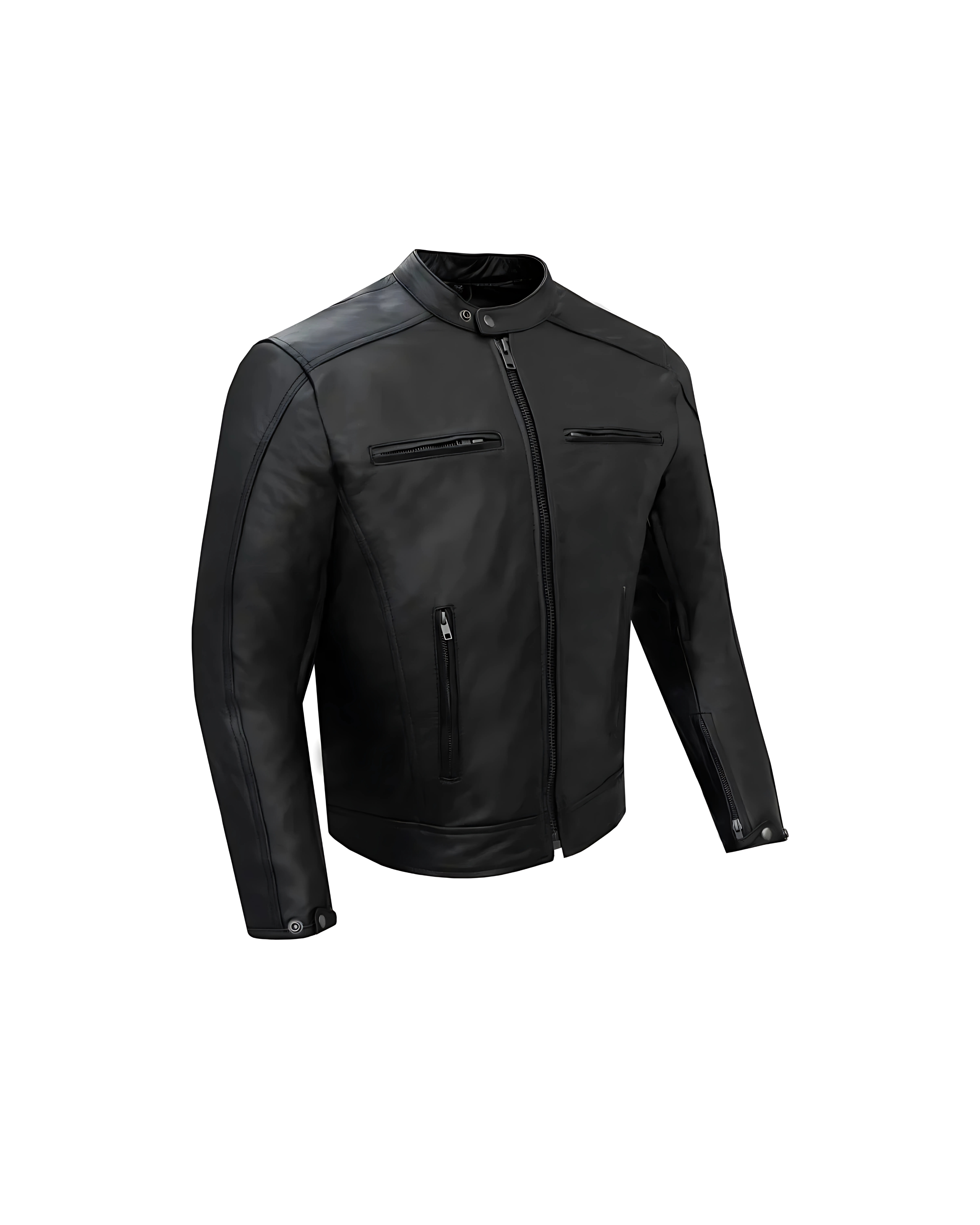 Premium cowhide leather biker jacket – angled view