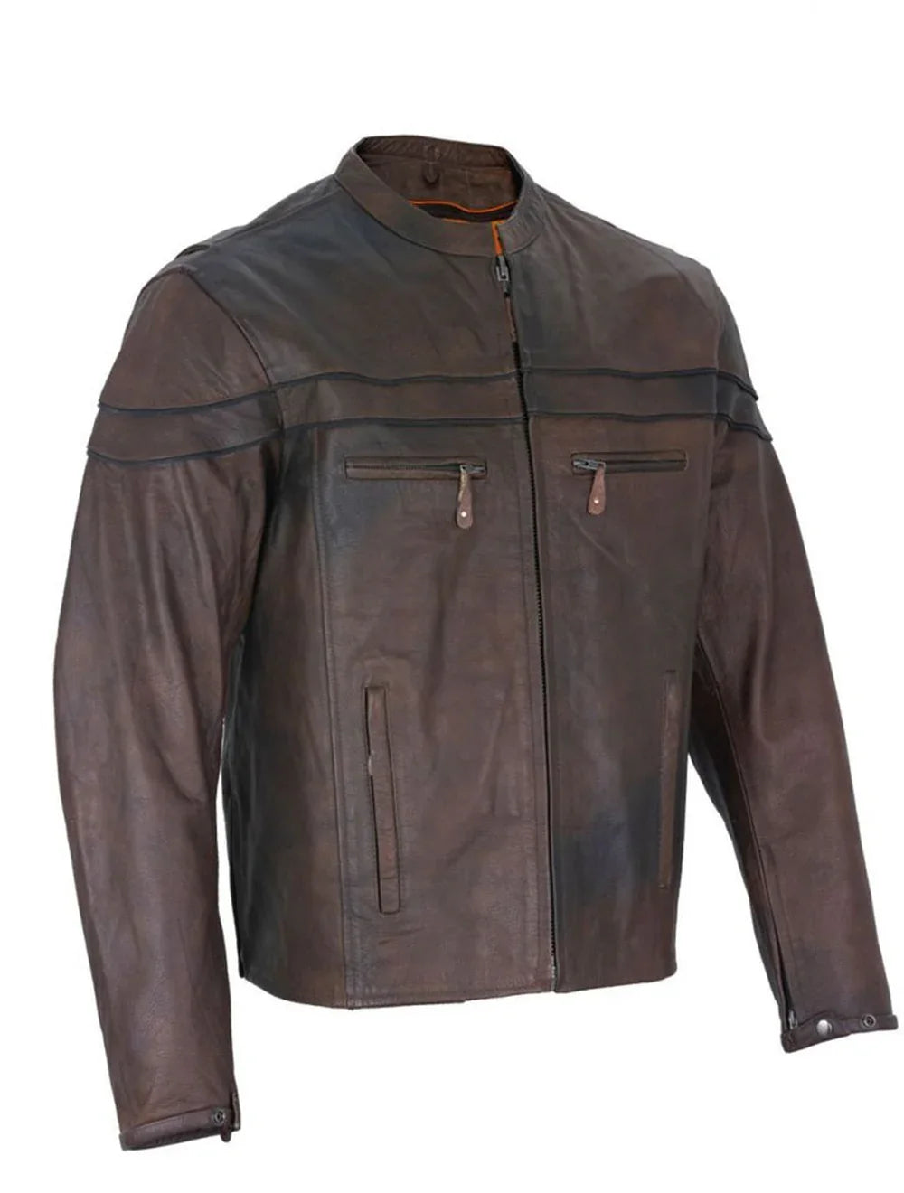 Side angle of men’s brown cowhide leather motorcycle jacket with vents and zippered cuffs