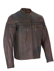Side angle of men’s brown cowhide leather motorcycle jacket with vents and zippered cuffs