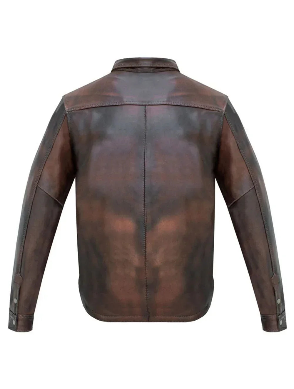 Rear view of men’s distressed brown leather shirt