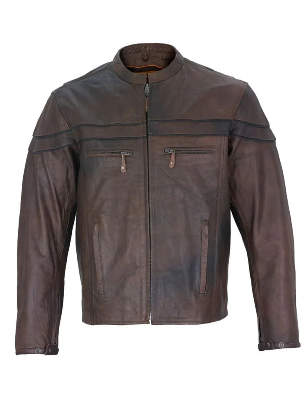 Front view of durable men’s brown cowhide leather jacket with concealed carry pockets