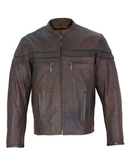 Front view of durable men’s brown cowhide leather jacket with concealed carry pockets