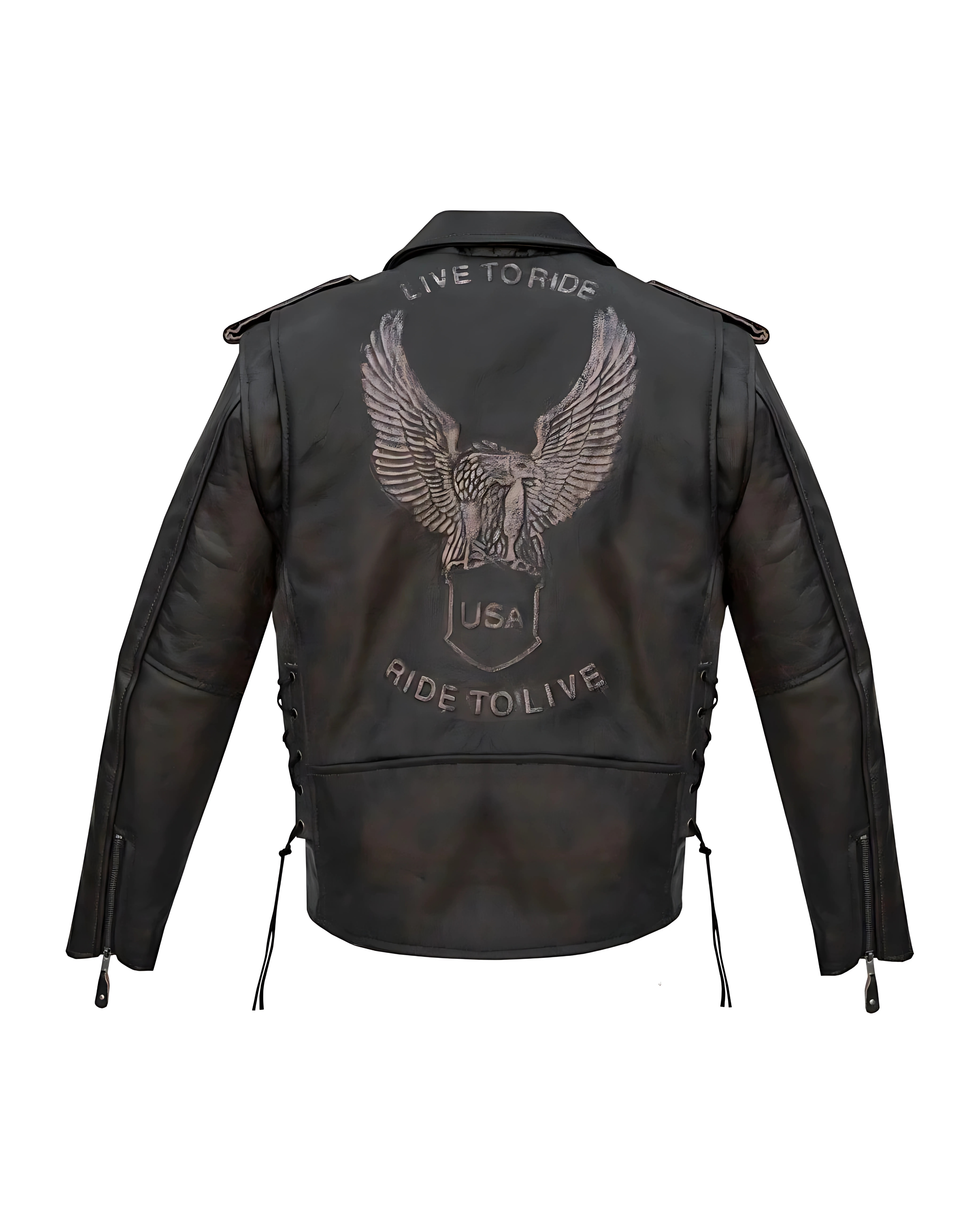 Large embossed American eagle on back of men’s leather jacket
