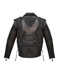 Large embossed American eagle on back of men’s leather jacket
