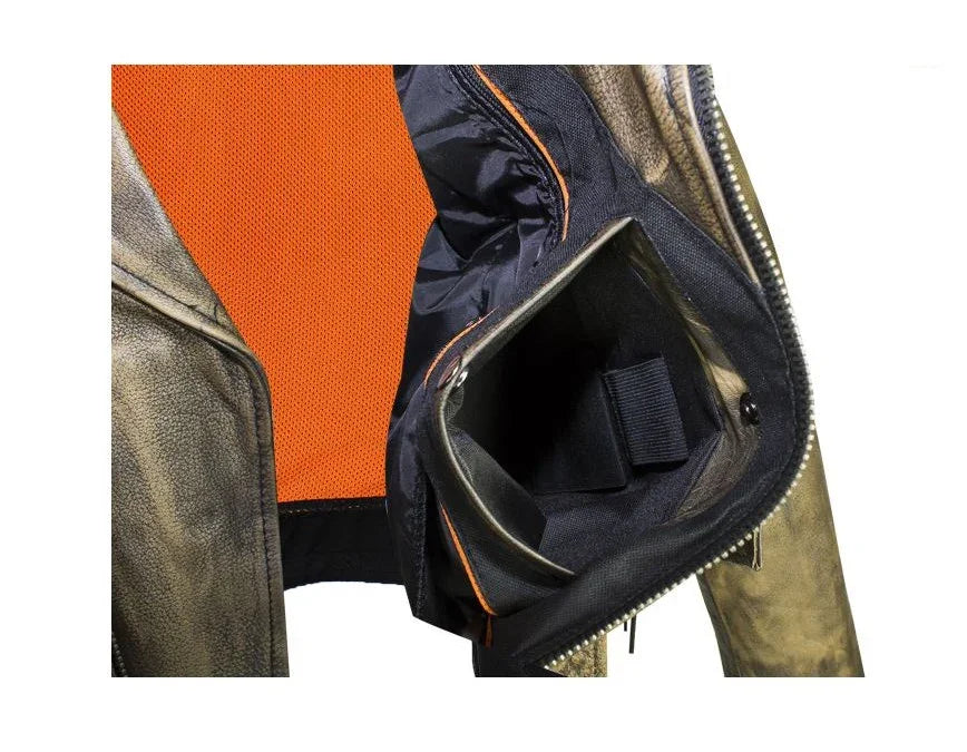 Interior view showing secure concealed carry gun pocket in leather jacket