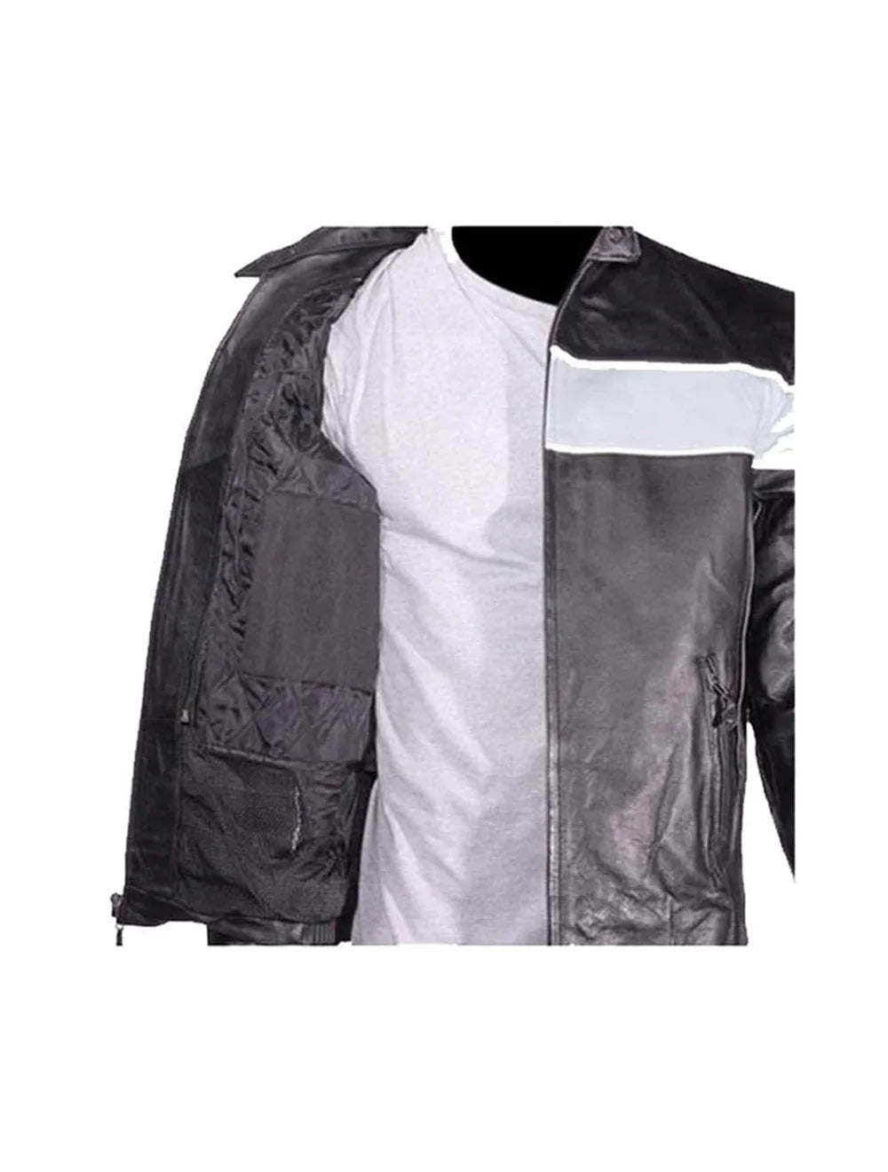 Interior view showing quilted zip-out lining and inside pockets of leather jacket