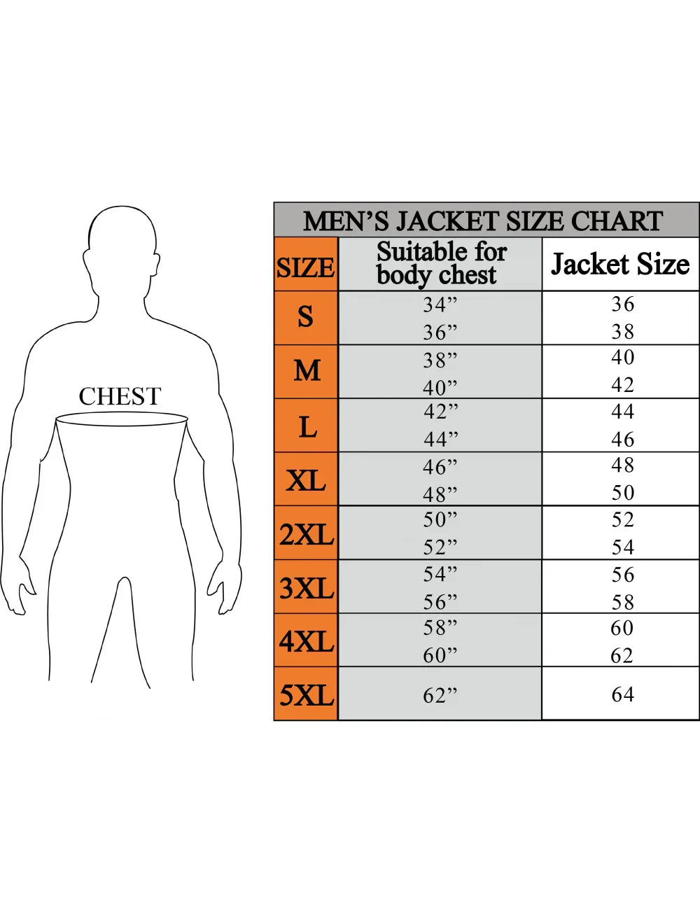 Size chart for men’s leather motorcycle jacket by chest and jacket size