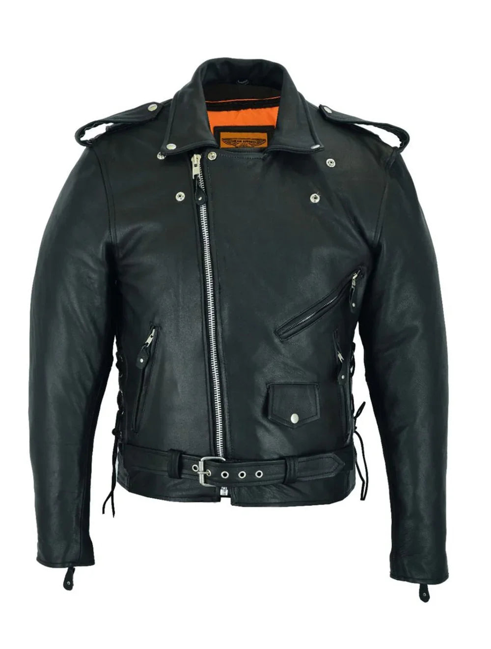 Front view of classic black cowhide leather biker jacket for men with side laces and multiple pockets – Wide Wing Store