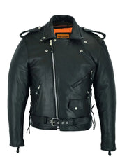 Front view of classic black cowhide leather biker jacket for men with side laces and multiple pockets – Wide Wing Store