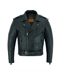 Front view of men’s classic biker leather jacket with zipper and belt