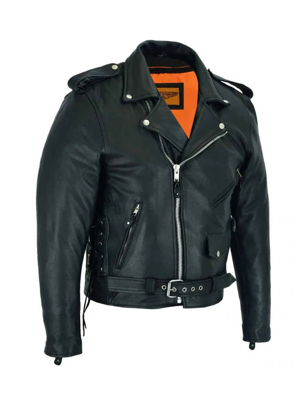 Angled front view of men's cowhide leather motorcycle jacket with side laces, orange lining, and asymmetrical zipper – Wide Wing Store