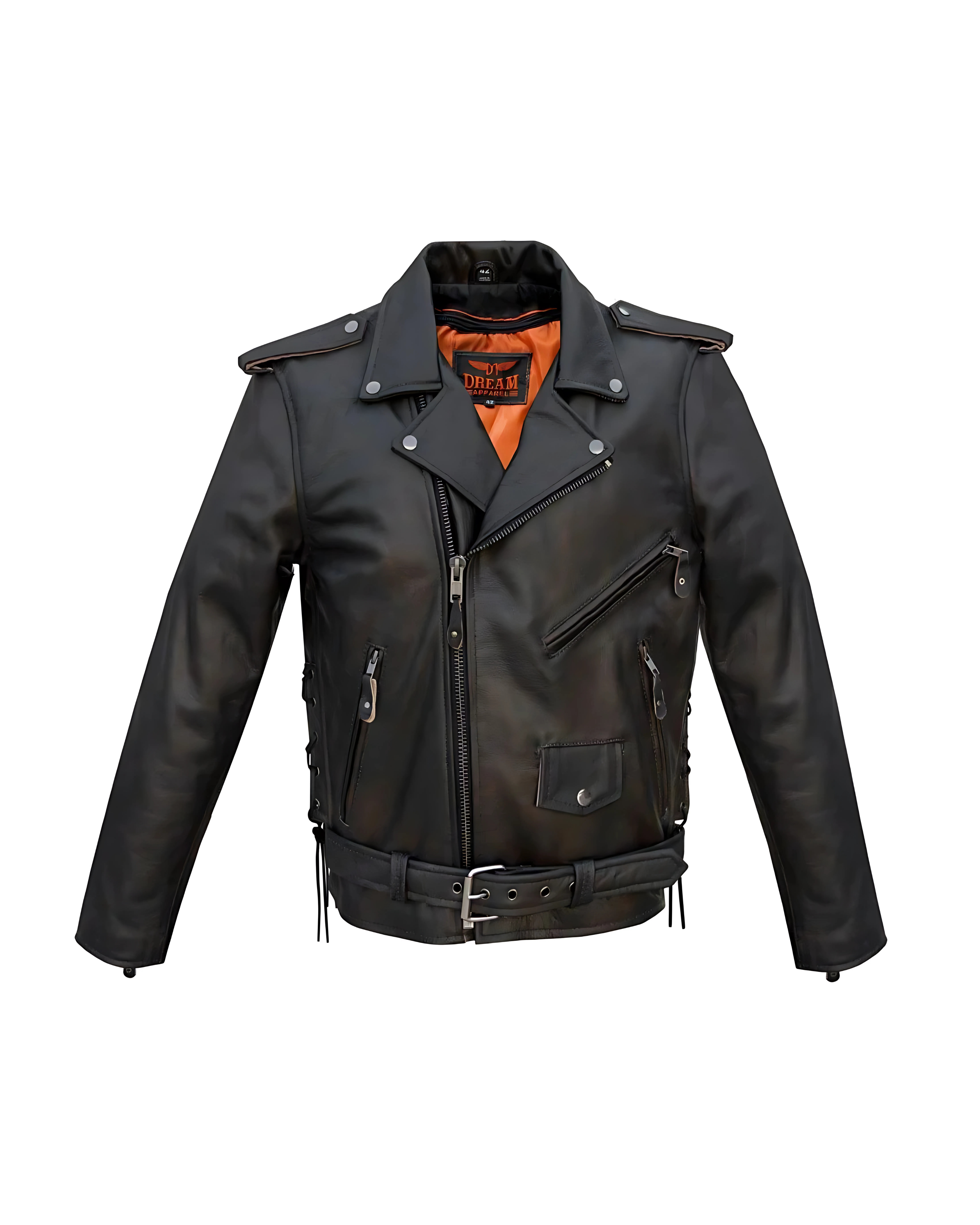 Men’s premium black leather biker jacket – front view
