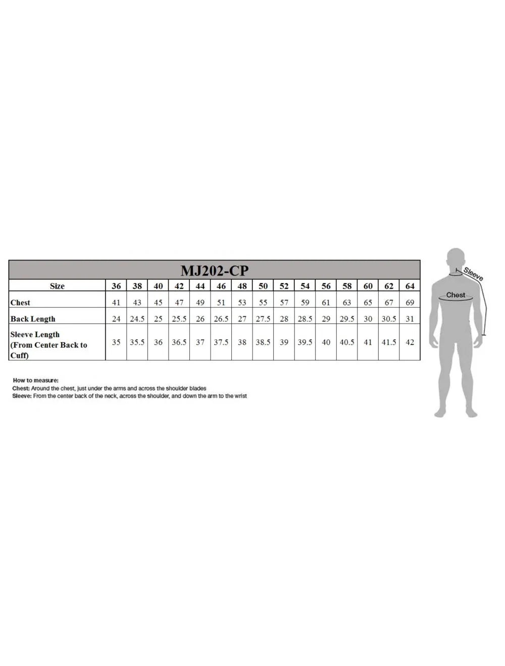 Men’s cowhide leather jacket sizing chart – chest, back, and sleeve