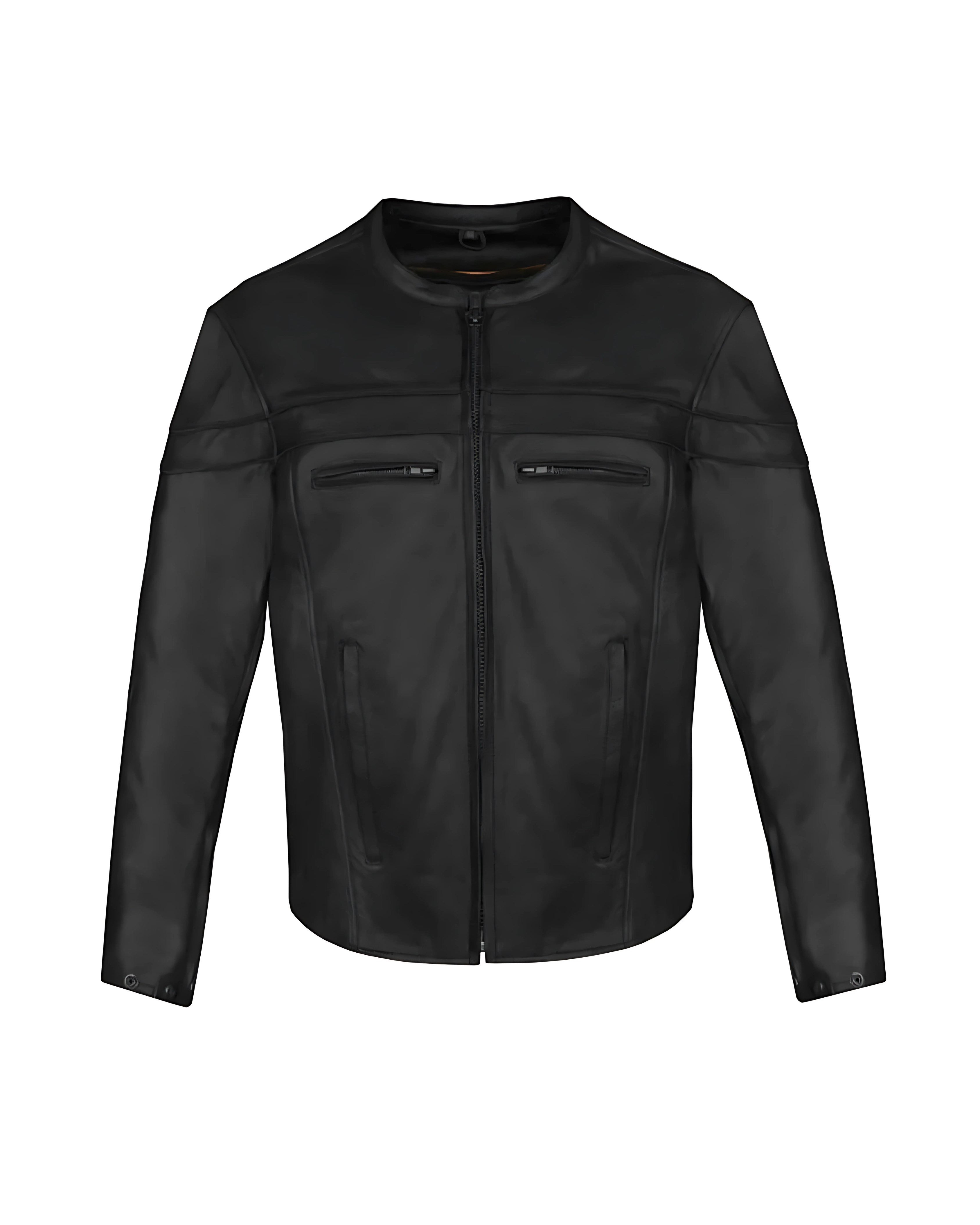 Men’s premium black leather motorcycle jacket with mandarin collar – front view