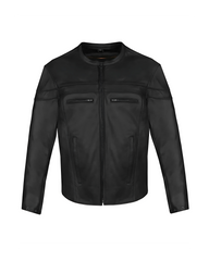 Men’s premium black leather motorcycle jacket with mandarin collar – front view