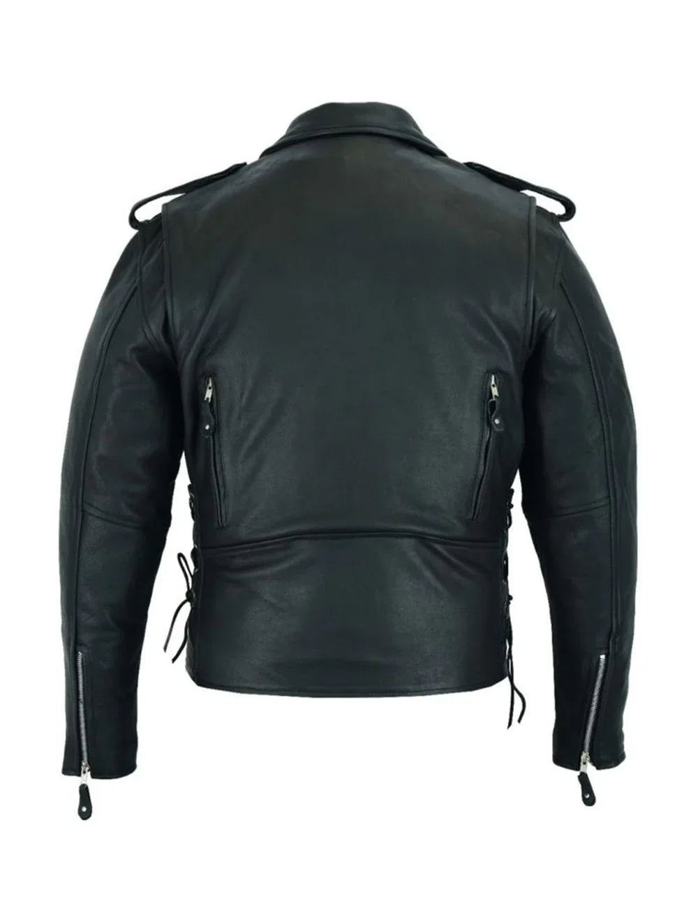 Back view of men’s cowhide motorcycle jacket featuring zippered air vents and leather side laces – Wide Wing Store