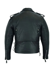 Back view of men’s cowhide motorcycle jacket featuring zippered air vents and leather side laces – Wide Wing Store