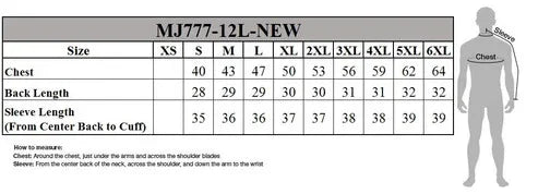 Size chart for men’s leather concealed carry shirt – chest, back, sleeve