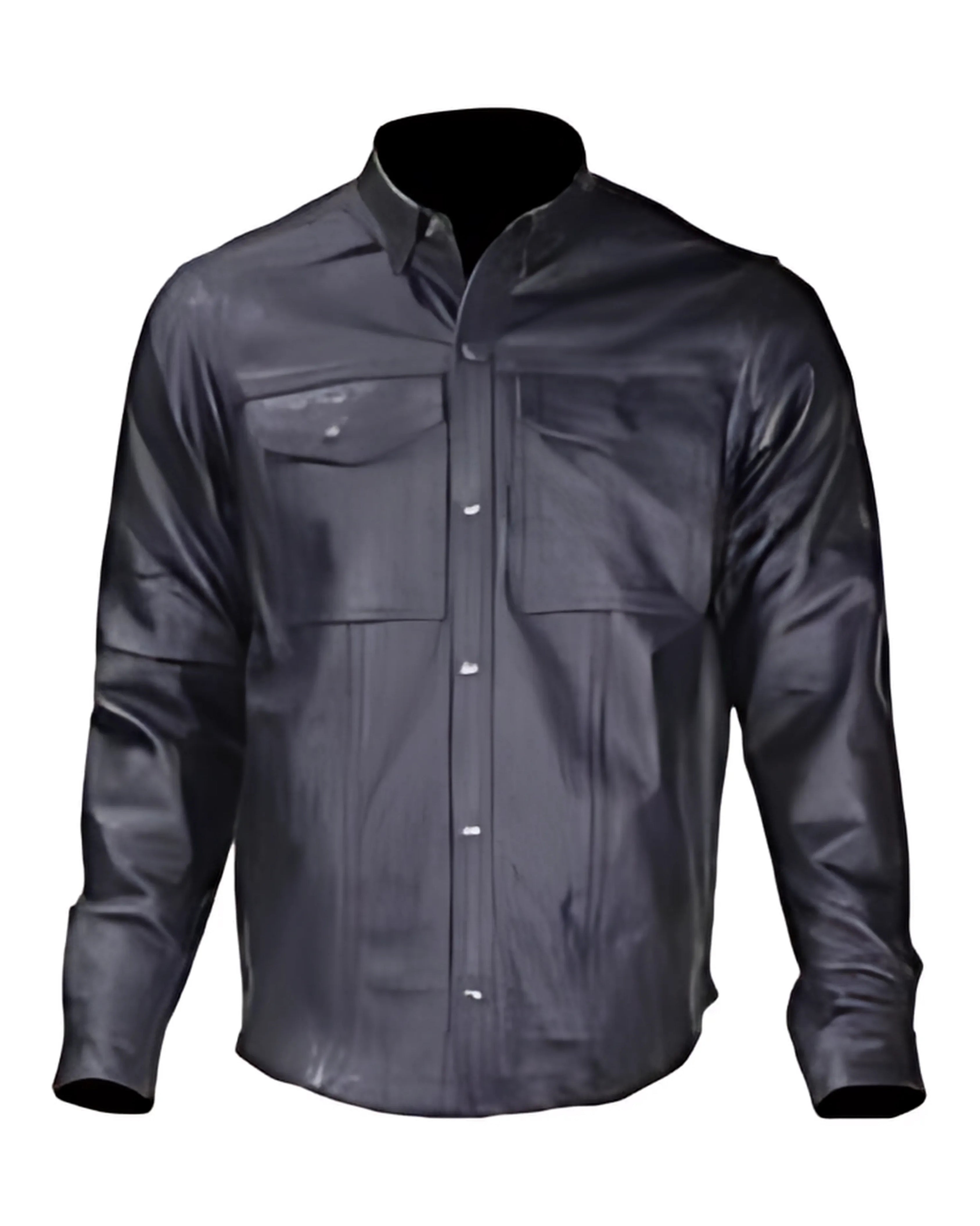 Front view of men’s lightweight black cowhide leather shirt for summer riding