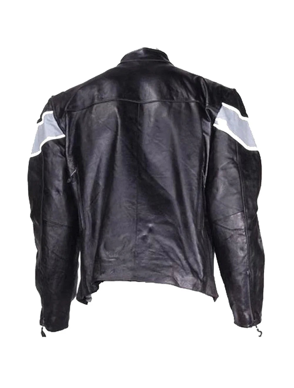 Back view of men's leather jacket with reflective shoulder stripes