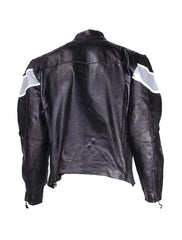 Back view of men's leather jacket with reflective shoulder stripes