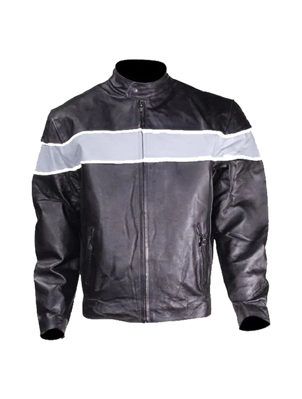Men's leather motorcycle jacket with silver reflective stripe - front view